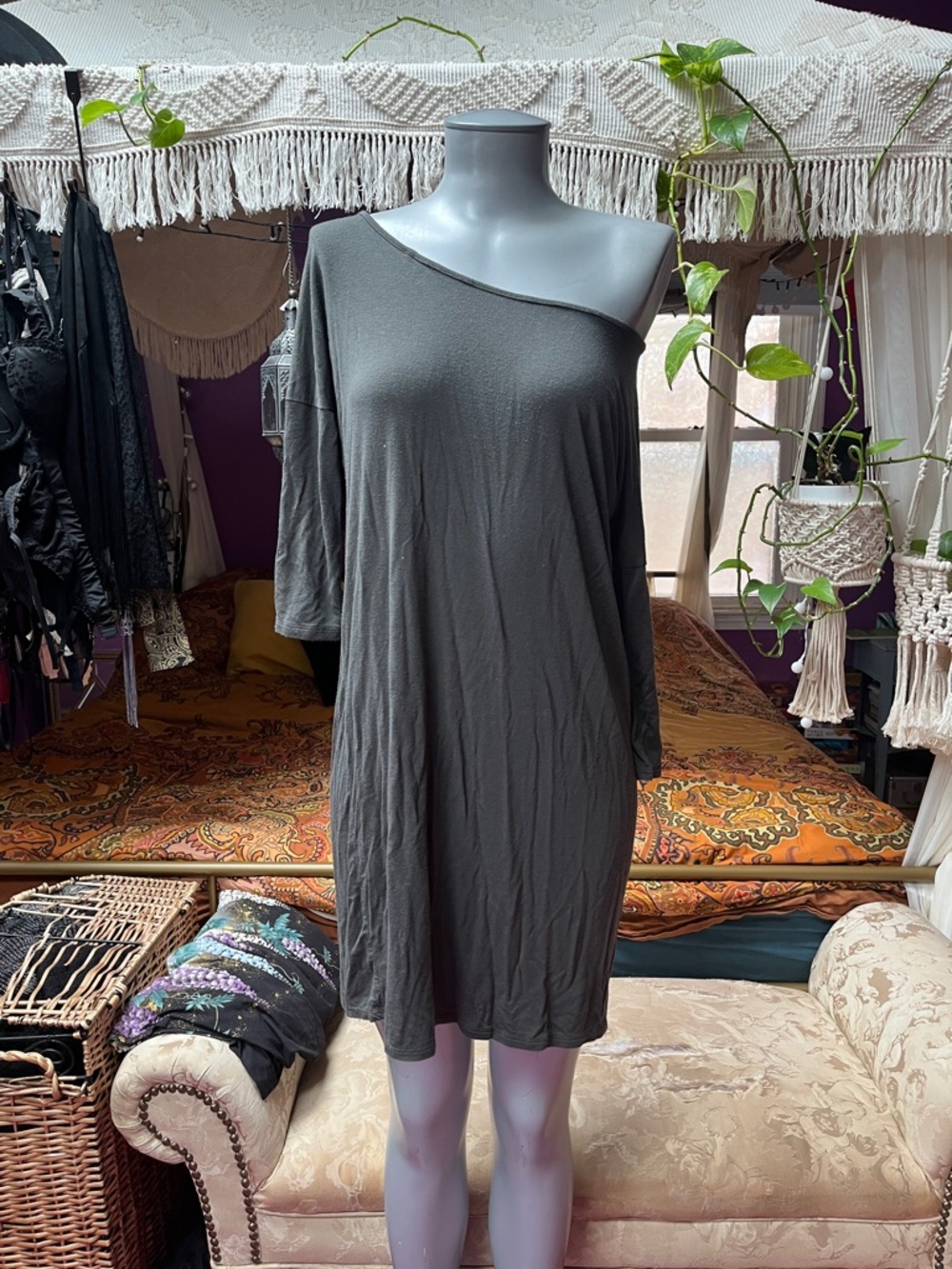 2010s indie sleaze grunge Gray 3/4 sleeve long tunic dress
